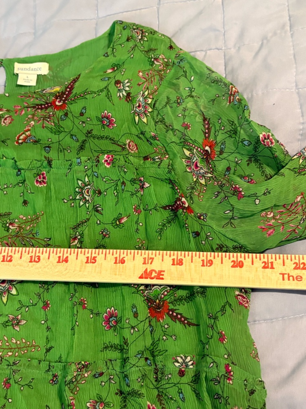 Sundance Green Floral Boho Blouse Flare Sleeve Ruffle Hem - Picture 9 of 11